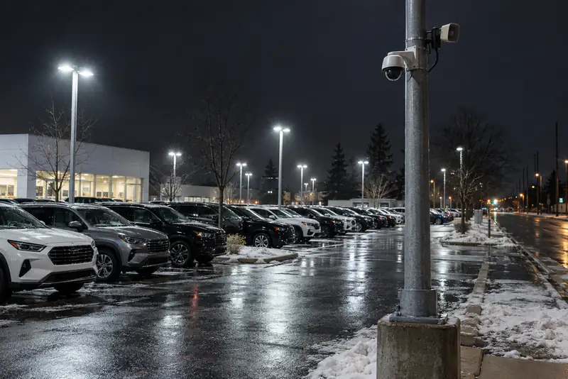 Car dealership at night with a pole-mounted security camera and speaker beside rows of cars