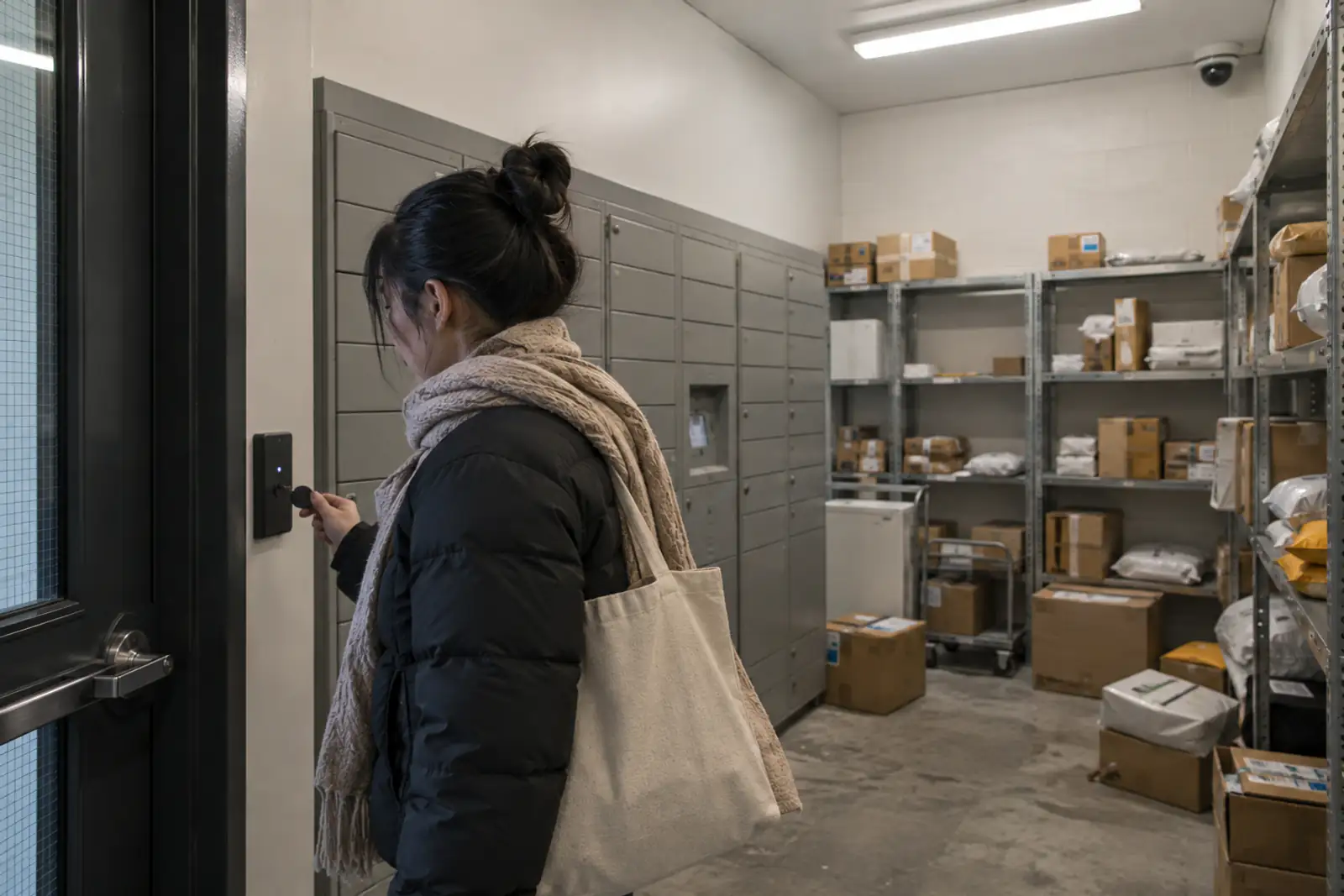 Resident using a key fob beside parcel lockers and shelves of delivery boxes