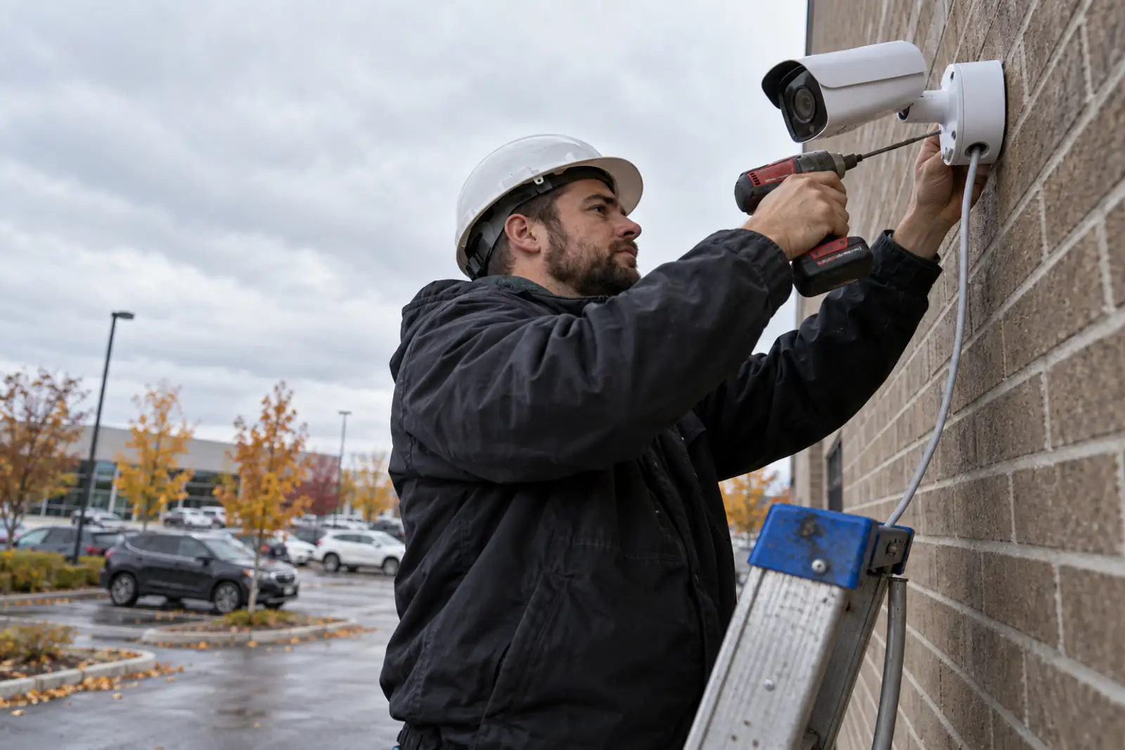 Technician on a ladder mounting a white security camera on a brick wall
