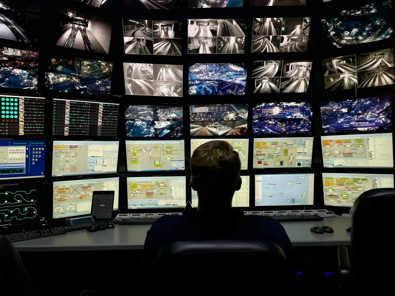 Operator watching a wall of live security camera feeds in a monitoring room